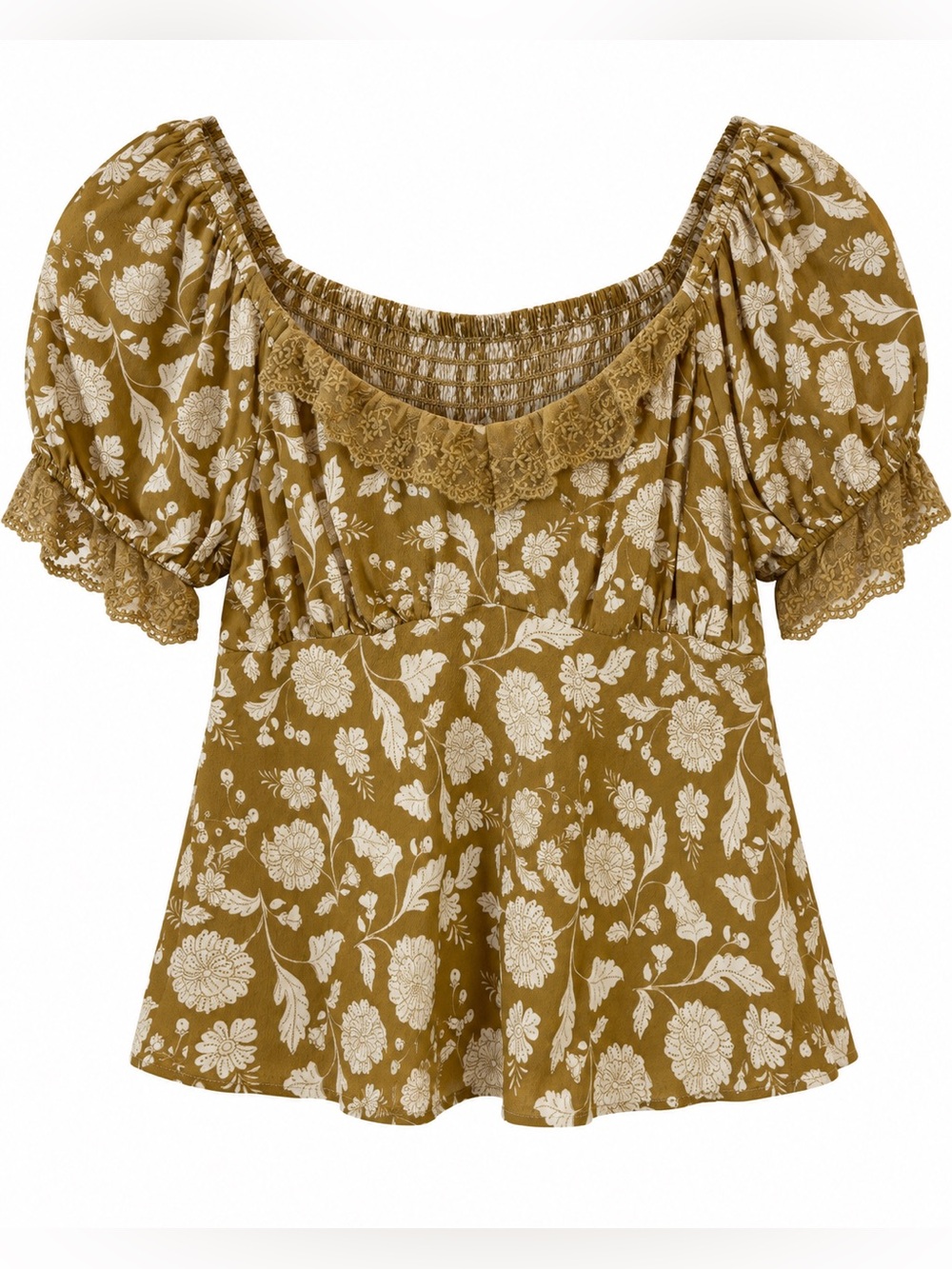 American Eagle Outfitters Floral Lace-Trim Blouse Olive Green Size S